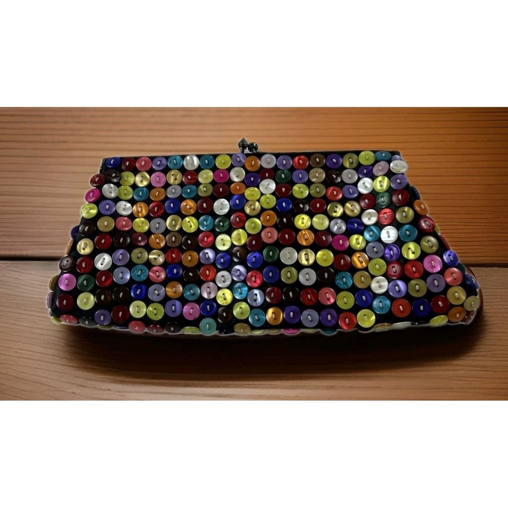 Kathy Van Zeeland Multicolor Button Clutch Purse Kiss Lock Evening Bag Chain